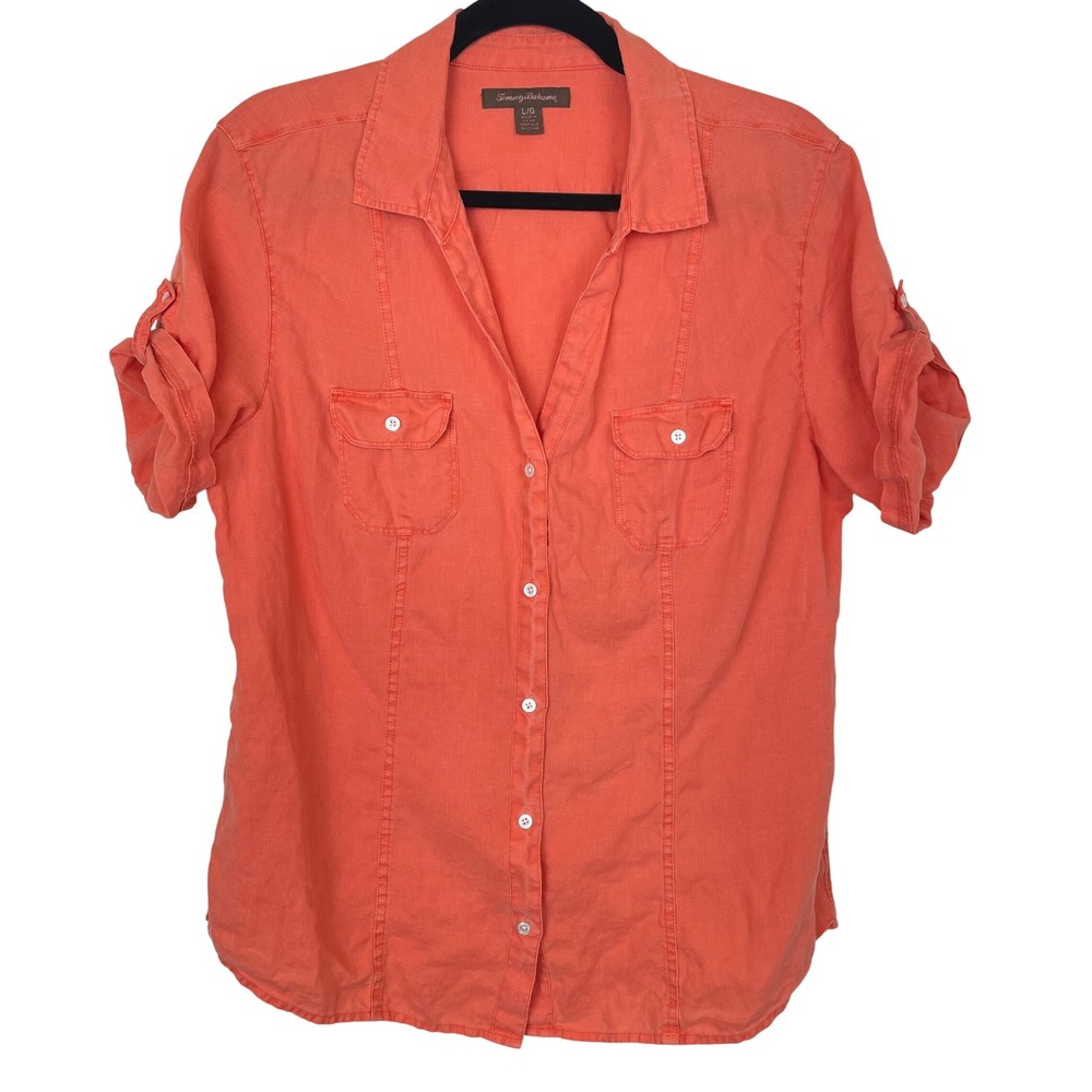 Tommy Bahama Womens Top Sz L %100 Linen Minimalist Button Up Roll Tab Travel